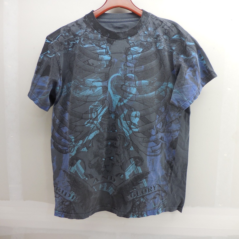 Anchor Blue Mens Skeleton Rib Cage Pride and Glory Graphic T-Shirt Grey Blue M